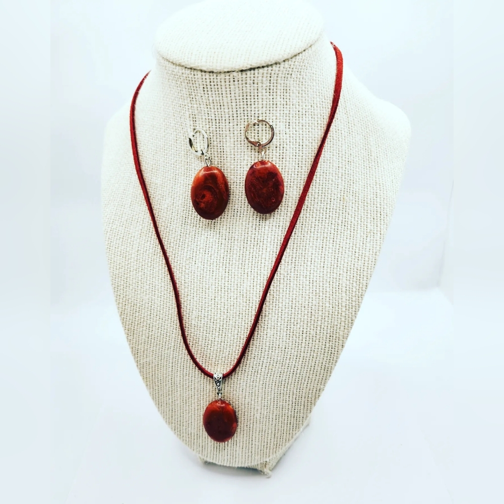 Coral oval Earrings and pendant cord set